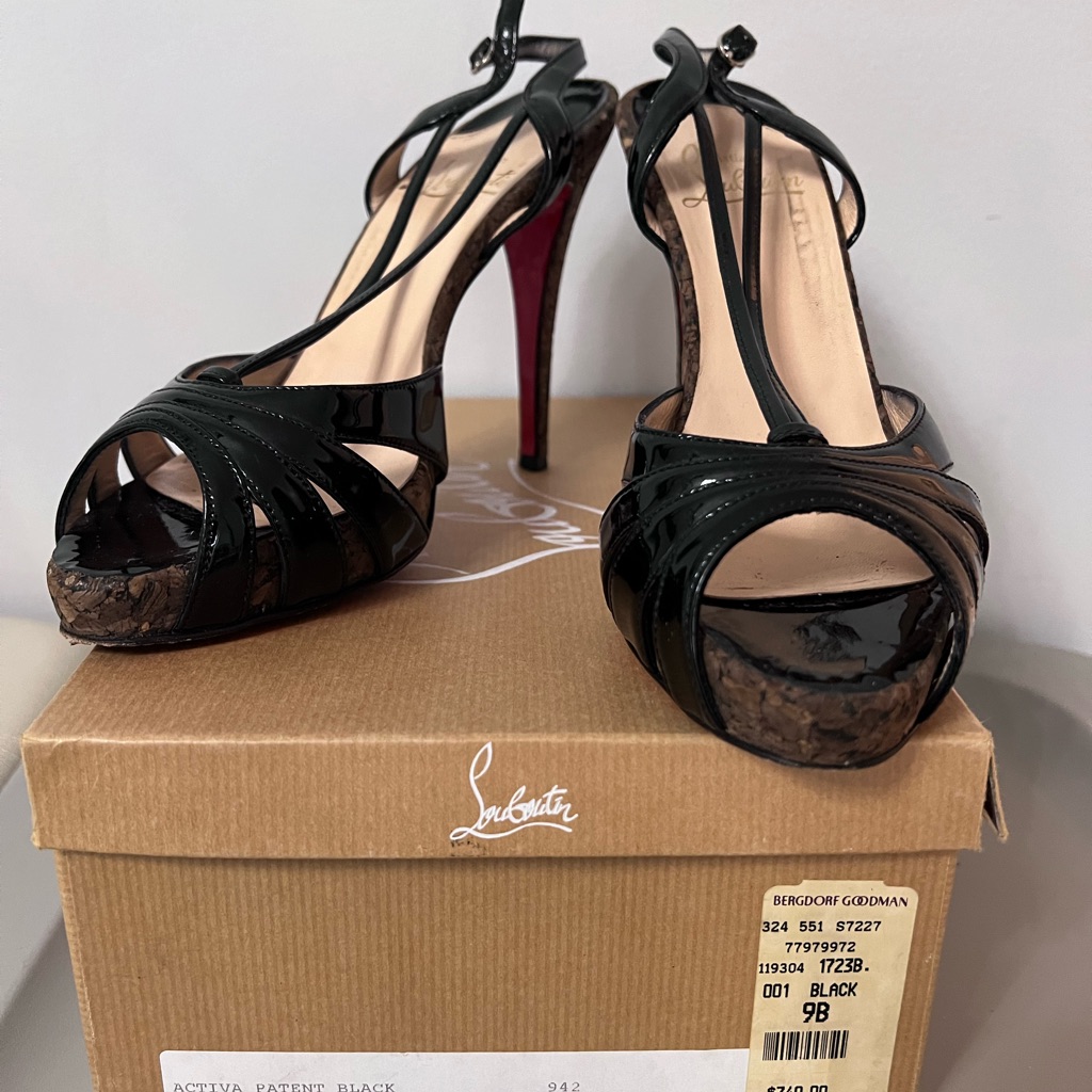 Christian Louboutin Activa Black Patent Leather Stiletto Sandal, Size 9, W/ Box